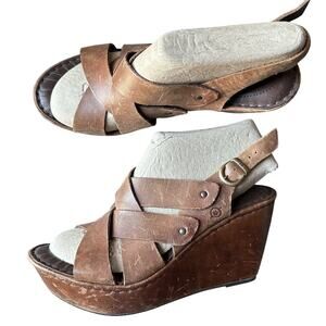 Born Bondi Platform Wedge Sandals Size 9 Brown Leather Slingback Distressed Boho